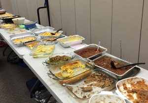 The tempting food line at the RHBC Thanksgiving Dinner - 2015