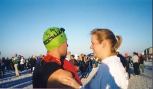 Mary Catherine encourages Joe just before the start of the Ironman swim.