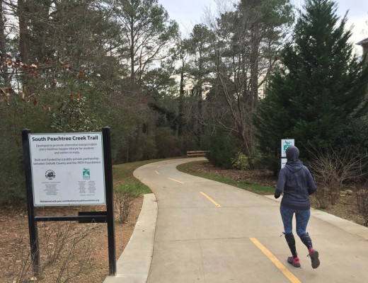 Mary Catherine at the start of the South Peachtree Creek Trail at Mason Mill Park